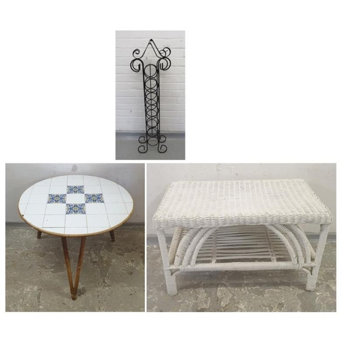 59 - White Painted Wicker Coffee Table with under tier, arched supports, Circular Tile Topped Table with ... 