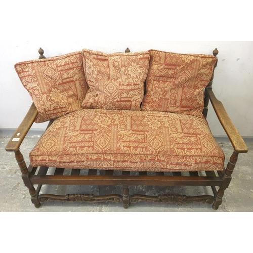 149 - Bergere Oak Settee with red tapestry style cushions   FWL