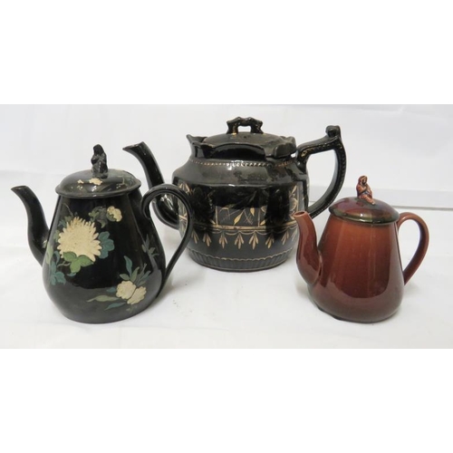 Victorian Mourning Period Teapots approx. 18cm H, 16cm H & brown glazed