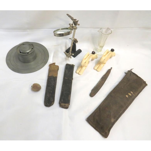 Magnifying Glass, cut throat razor, pewter ink well & 2 leaping hares