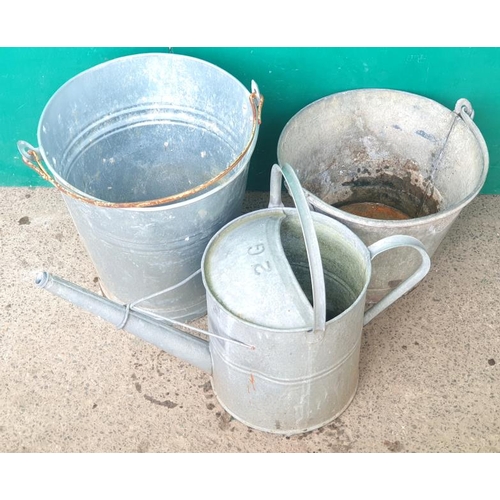 2 Galvanised Buckets & Galvanised 2 Gallon watering can