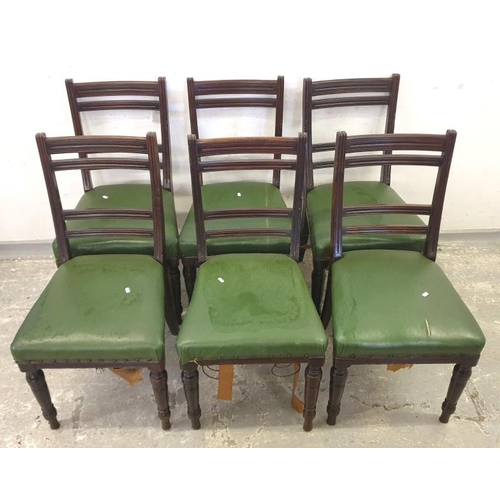 12 - 6 Green Leather upholstered Dining Chairs on turned supports   (A8)