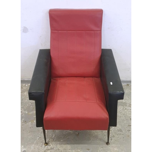 133 - Mid Century Rockabilly Black & Red Leather Armchair on disc supports (FWL)