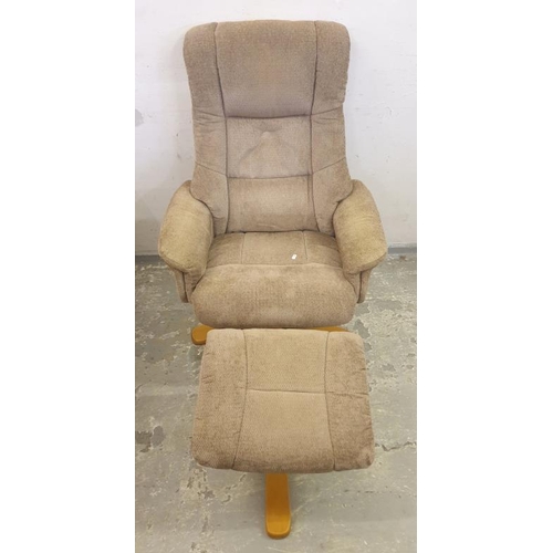 138 - Cairo Style Swivel Recliner Armchair upholstered in oatmeal with Matching Footstool on show wood blo... 