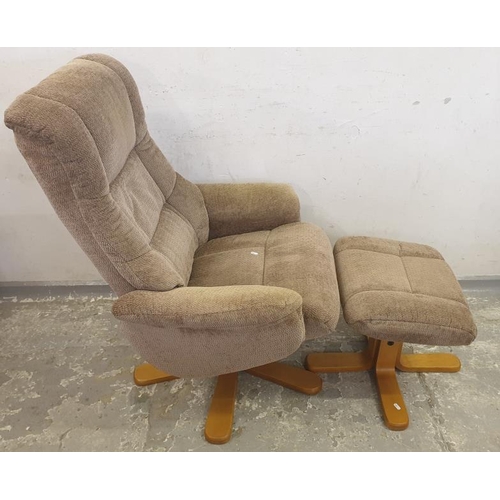 138 - Cairo Style Swivel Recliner Armchair upholstered in oatmeal with Matching Footstool on show wood blo... 