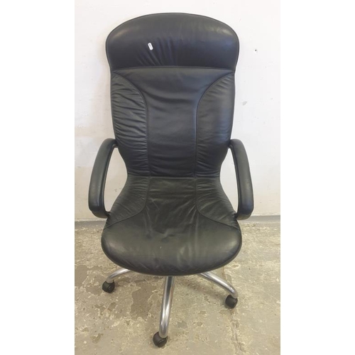 146 - Black Leather Swivel Office Chair on metal spoke casters (A1)