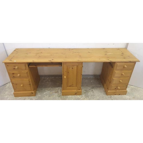 152 - 3 Section Pine Desk with 2 knee holes & three pedestals, W:218.5 x D:53 x H:77cm (A7)