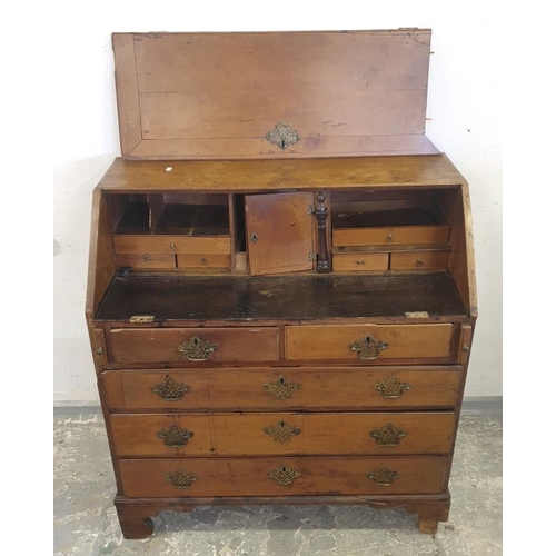 64 - Georgian Writing Bureau with plate brass handles, 3 long drawers with 2 small drawers over, fall fro... 