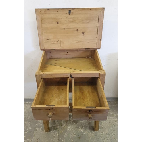 119 - Pine School Masters Desk. Hinged sloping Top, 2 Drawers  on stretchered base, with upstand (F A8/9)