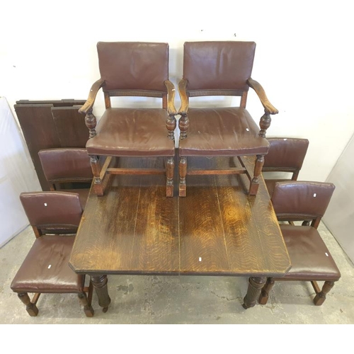 120 - Oak Extending Dining Table, canted corners with 6 Chairs & 2 Carvers (F A10/11)