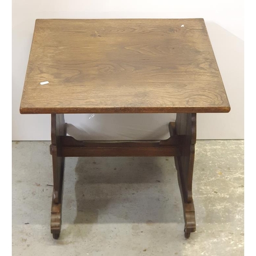 11 - Oak Trestle Table on castored supports approx. 61cm x 59cm  top, approx. 54cm H (A3)