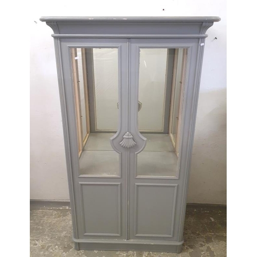 157 - 2 Door Grey Painted Display Cabinet, glazed top section with mirrored back with paneled base (BWR)