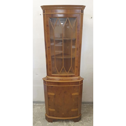 158 - Burr Wood Regency Style Corner Cabinet, glazed top section with 2 internal shelve and cupboard to ba... 