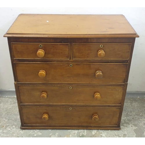 160 - Victorian Chest of Drawers 2 short, 3 long with bun handles, No Feet approx W95cm x D50cm x H94cm (A... 