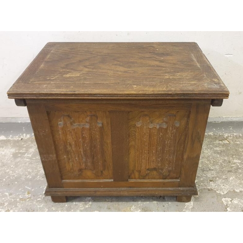 166 - Arts & Crafts Small Oak Coffer with twin paneled front, lift up lid (A6)