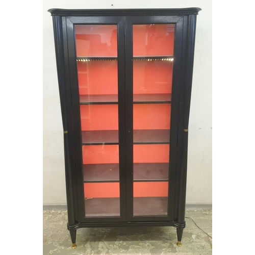 173 - Ebonized 2 Door Display Cabinet on turned supports with brass terminals & red back creating an Orien... 