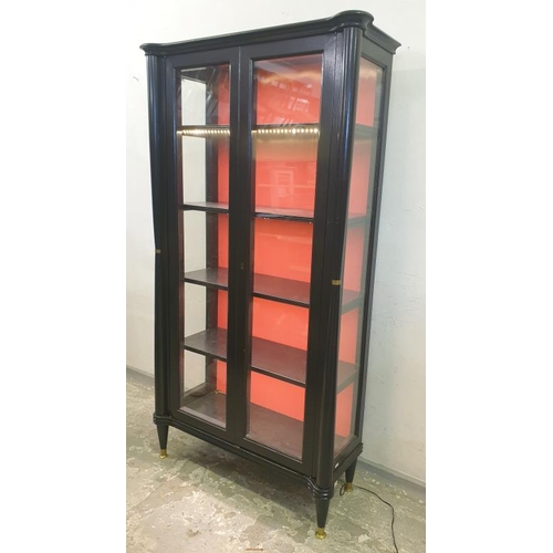 173 - Ebonized 2 Door Display Cabinet on turned supports with brass terminals & red back creating an Orien... 