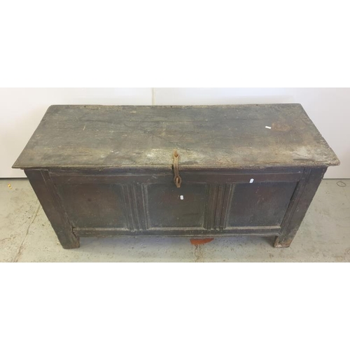 174 - C18th Oak Coffer with 3 Panelled Front on stile supports, painted black (A10)