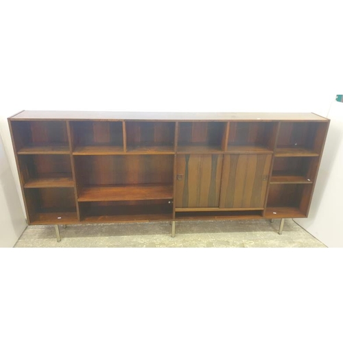175 - Mid Century Design Rosewood Galleried Bookcase, shelved with sliding doors, approx. W242cm x D25cm x... 