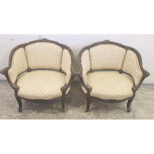 176 - Pair Antique Lois XV Style French Arm Chairs with elaborately carved show wood frame on cabriole sty... 
