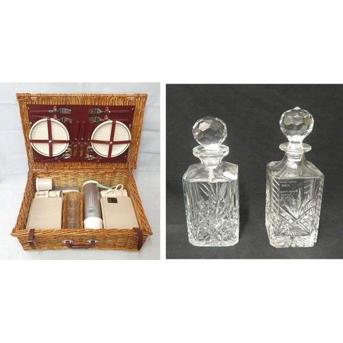 2 Square Based Spirit Decanters, Wicker Picnic Basket with Bilton's