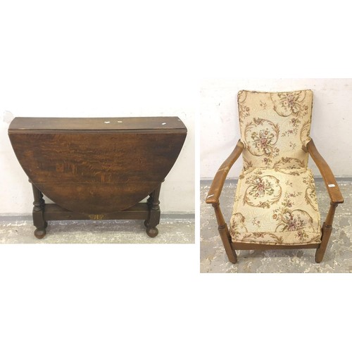 49 - 1920s Low Armchair, slatted base, upholstered back, squab seat & Oak Drop Flap Sutherland Table with... 