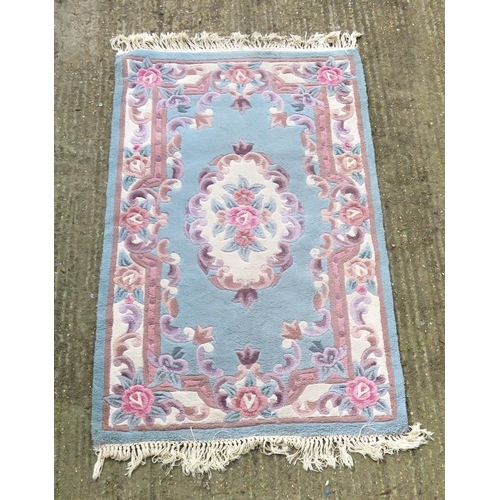 87 - Chinese Style Rug Blue With Pink & Purple Flowers Tassel Ends 93 cm X 150 cm, Rug Lilac ground flora... 