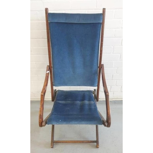 12 - Vintage Victorian Arts & Crafts/British Colonial/Baveystock Style Folding Deck Chair with blue uphol... 