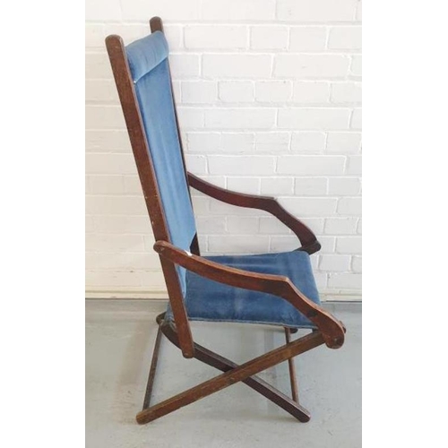 12 - Vintage Victorian Arts & Crafts/British Colonial/Baveystock Style Folding Deck Chair with blue uphol... 