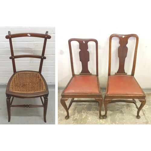 83 - 2 Queen Anne Style High Back Dining/Side Chairs with Red Leather Seats & Antique Cane Seated Bedroom... 