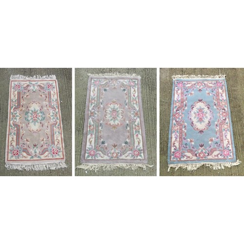 87 - Chinese Style Rug Blue With Pink & Purple Flowers Tassel Ends 93 cm X 150 cm, Rug Lilac ground flora... 