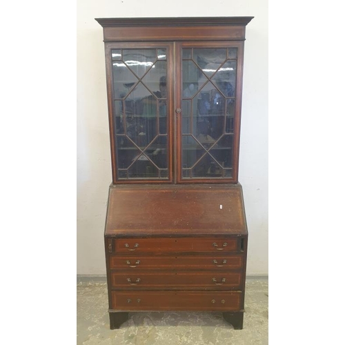 69 - Edwardian Inlaid Bureau Bookcase approx w:92cm x d:47cm x h:202cm (A1)