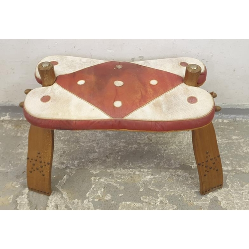 72 - Red & White Leather Topped Camel Saddle Footstool (A3)