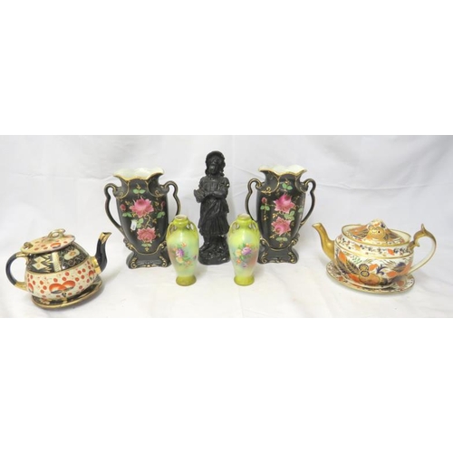 Pair of Victorian Mourning Period Vases, teapots, pair of green floral
