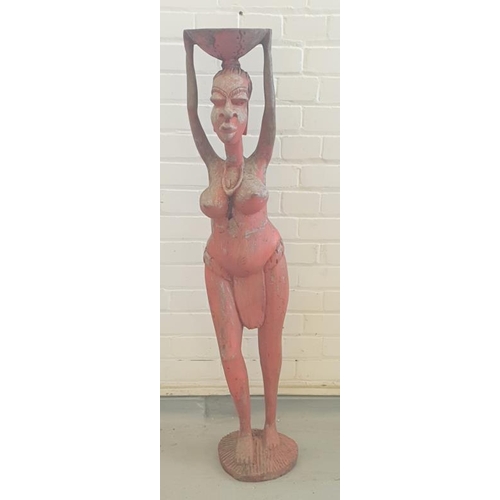 11 - Painted Hardwood African Sculpture depicting a female with pot raised above her head approx. 102cm H... 