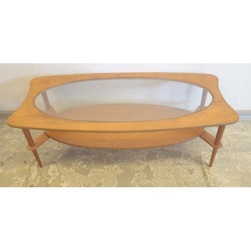 21 - Mid Century Danish Style Teak Retro 2 Tier Coffee Table with shaped top inset oval glass panel & und... 