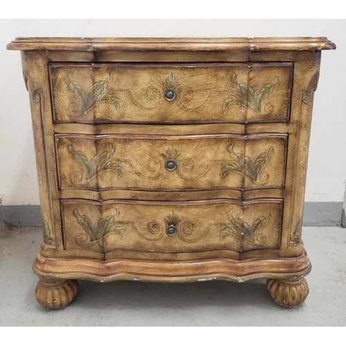 28 - French Style Painted Serpentine Chest of Drawers, 3 drawers with round handles on carved bun support... 