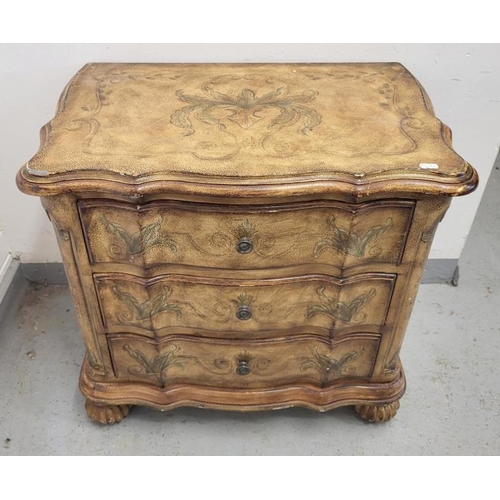 28 - French Style Painted Serpentine Chest of Drawers, 3 drawers with round handles on carved bun support... 