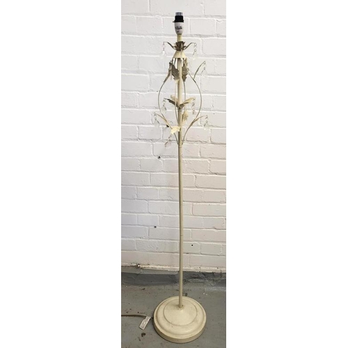 7 - White Painted Floor Standing Table Lamp, disc base with leaf, lustre drop decoration (MATCHING LOT N... 