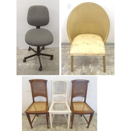 56 - 3 Victorian Bergere Cane Seated Chairs, Gold Painted Rattan Backed Chair & Grey Office Chair on cast... 