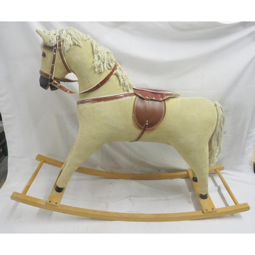 Corduroy Rocking Horse with maroon saddle & bridle approx. 60cm to top of saddle