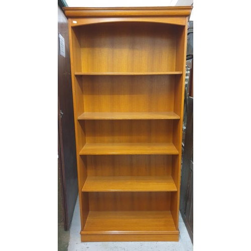 2 - Stag Blonde Mahogany Tall Open Bookshelves on plinth base, small cornice approx. 85cm W x 28cm D x 1... 