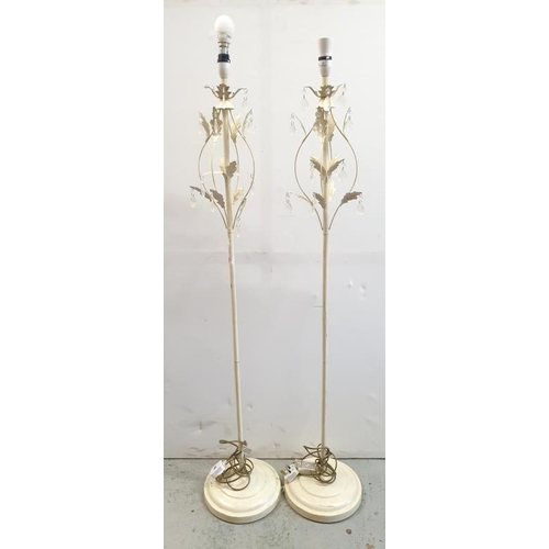 39 - 2 White Metal Painted Standard Lamps decorated  with leaves & glass drops (FW)