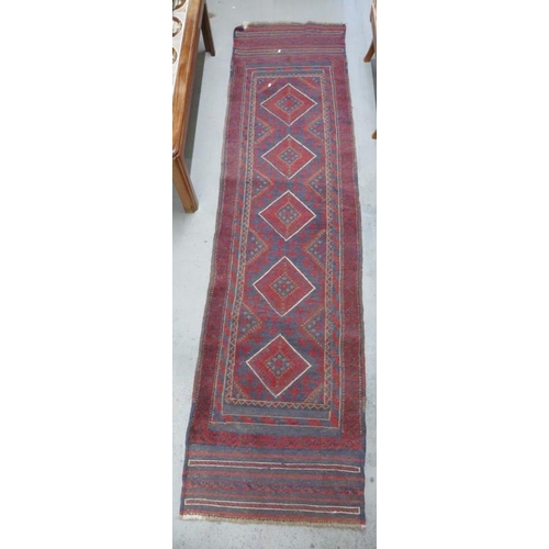 1A - Afghan Carpet Runner with burgundy & blue geometric pattern 262cm x 67cm (A12)