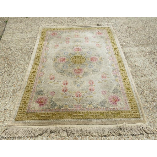 22A - Chinese Rug, cream ground, golden border, pink flowers, approx. 217cm x 138cm