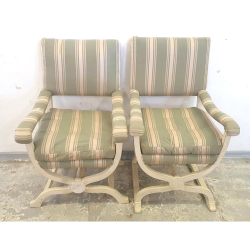 44 - 2 Antique/French Style Armchairs with X Frame supports, striped upholstery FW