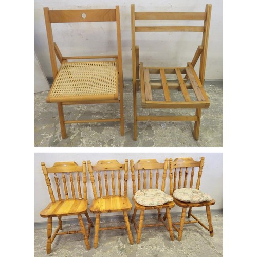 58 - 4 Pine Spindle Back Dining Chairs & 2 Folding Chairs, 1 with bergere/cane seat (6) A5