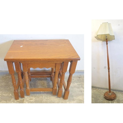 55 - Turned Wooden Standard Lamp with cream shade & Nest of 3 Oak Old Charm Jacobean Style Tables, larges... 