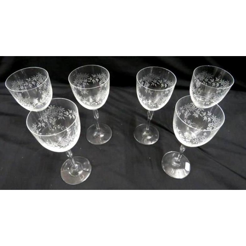 922 - Set of 6 Laura Ashley? Etched Glass Large Wine Glasses (6)
