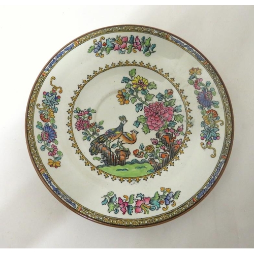 Copeland Spode Peacock decorated dinnerwares, covered tureens, large dinner plate, 2 medium dinner p